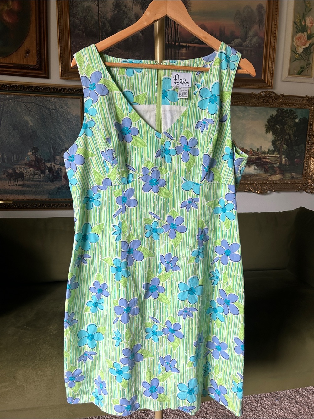 Vintage Lilly Pulitzer Lime Green Floral V-Neck Sleeveless Shift Dress